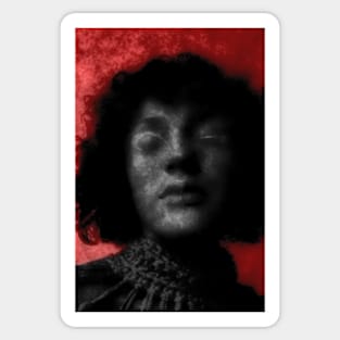 Portrait, digital collage and special processing. Woman with closed eyes. Mystic and beautiful.  Red and gray. Glow. Sticker